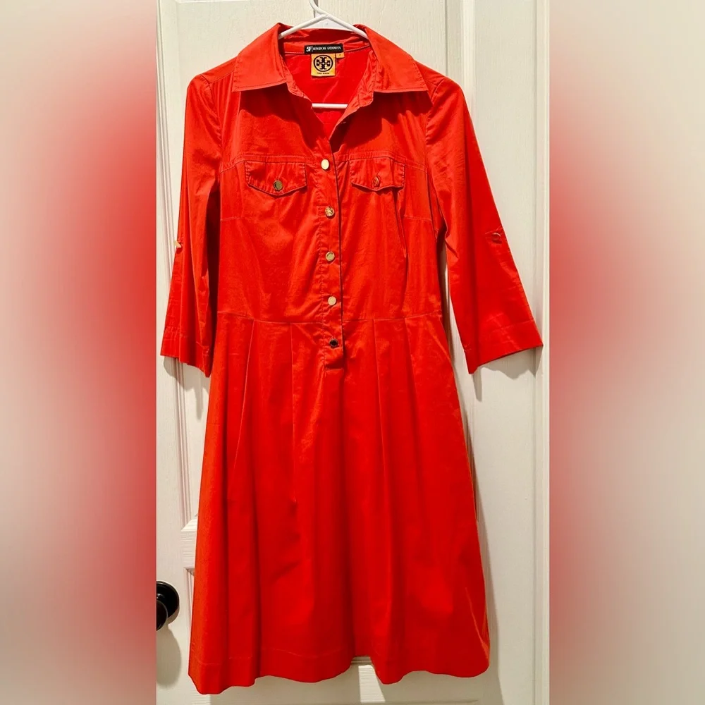 5F Bergdorf Tory Burch 3/4 Sleeve Red Poplin A-line Dress ZB15